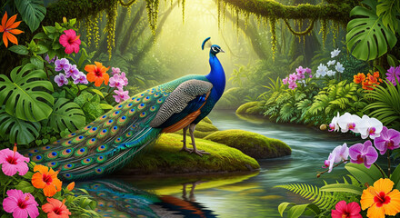 Peacock Standing Near Water in Green Forest Landscape
