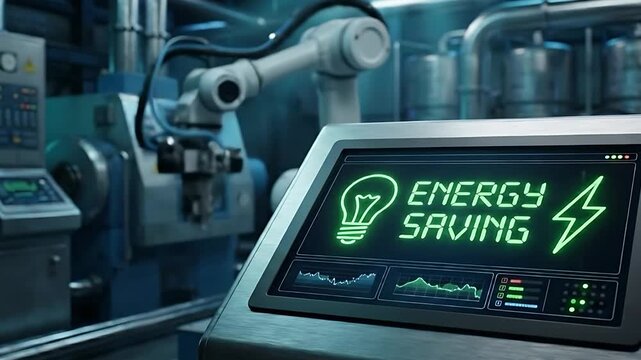 Smart Factory Control Panel Displaying Green Energy Saving Dashboard