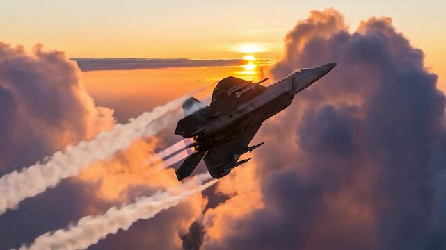  Soaring Sentinel: A sleek fighter jet pierces through the clouds at sunset, leaving a contrail that paints the sky with its path. the image embodies speed and power