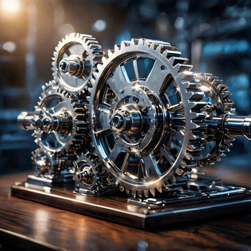 Intricate Assembly Of Polished Metallic Gears Featuring Complex Interlocking Mechanisms Displayed Prominently On A Dark Wooden Surface For Industrial Concept Visualization