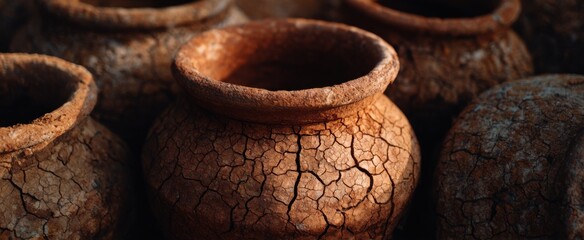 weathered cracked clay pots cradle soil preserving earth's ancient history delicately safeguarded
