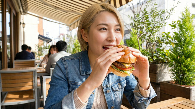 明るいカフェのテラス席で大きなハンバーガーを頬張る金髪ショートカットの女性