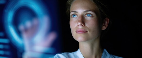 woman technician skillfully examining data on an advanced digital screen technology backdrop
