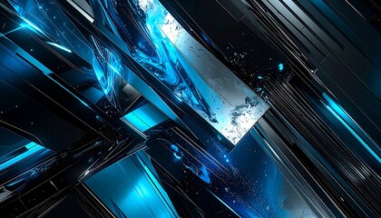 Fototapeta premium Dynamic abstract design showcasing reflective blue light streams on intricate dark geometric structures, creating a futuristic high-tech backdrop with a sense of depth and innovation