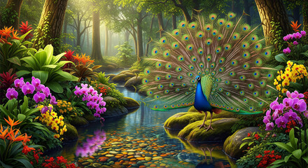 Majestic peacock spreads vibrant feathers in serene forest setting by the river
