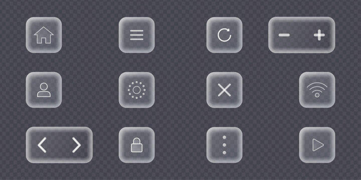 Set of square translucent buttons with rounded corners featuring home user wifi and menu icons, liquid glass style on transparency grid, elegant white line art for web interface  vector illustration.