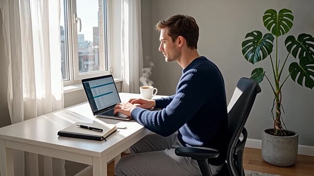 Homme travaillant en t&eacute;l&eacute;travail &agrave; domicile lumineux