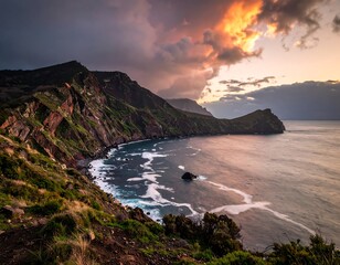 Obraz premium Dramatic Coastal Landscape at Sunset with Waves.