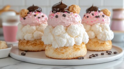 Delicate Pastel-Colored Cream Puff Tower Dessert Display with Ice Cream Scoops and Whipped Cream