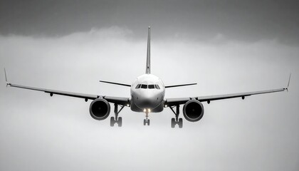 Commercial airplane flying through cloudy sky over a landscape during daylight hours