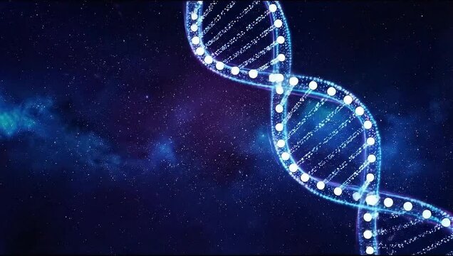 Glowing blue digital DNA double helix structure symbolizes genetic code against a dark cosmic starry background