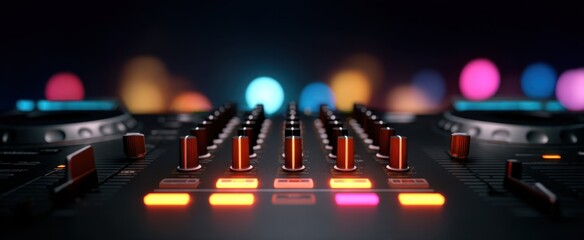 The DJ's mixing console features illuminated controls and adjustable sliders.