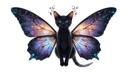 Fantasy Cat Hovering with Glowing Butterfly Wings in Cosmic Style Isolated 
