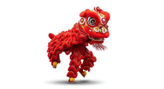 Red Chinese lion dance costume performing energetic movement, isolated on white background, representing tradition, culture, luck, prosperity, and Chinese New Year celebration.
