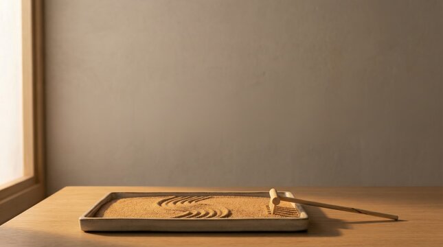 Simple Zen Garden Tray with Wooden Rake and Smooth Sand Patterns on Wooden Table