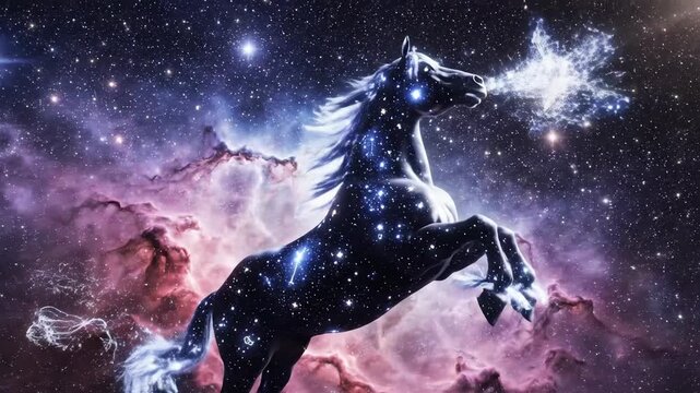 A cosmic dark horse prances in a nebula, its form speckled with bright stars, against a backdrop of swirling space dust