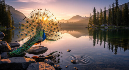 Majestic peacock by serene mountain lake at sunrise. Possible use Nature, peace, tranquility, animals
