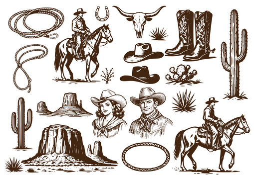 Vintage Wild West western vector illustration set featuring cowboys on horseback, cowgirl and cowboy portraits, lasso rope, cowboy hats, boots, bull skull, cactus plants and desert landscape elements 