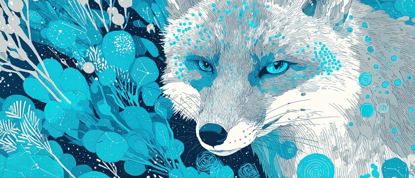 Blue fox portrait with starry eyes and floral background, abstract winter wildlife concept