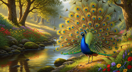 Majestic peacock spreads vibrant feathers in serene forest setting by the river
