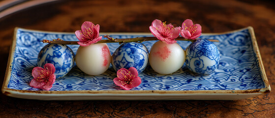 A blue and white plate with mochi and cherry blossoms on a wooden table background