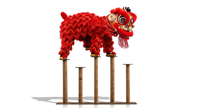 Red Chinese lion dance costume balancing on poles, isolated on white background, symbolizing luck, prosperity, cultural tradition, and Chinese New Year celebration.