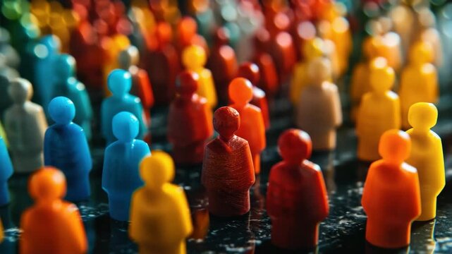 Colorful toy figurines resembling people standing together.