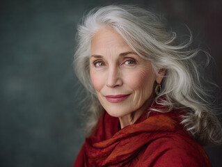 A beautiful senior woman with gray hair and a red scarf smiling at the camera