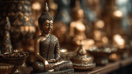 Golden Buddha Statues: Serene Meditative Art in a Temple Environment