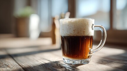 Dark amber ale in glass mug, rustic wooden table, inviting warm light