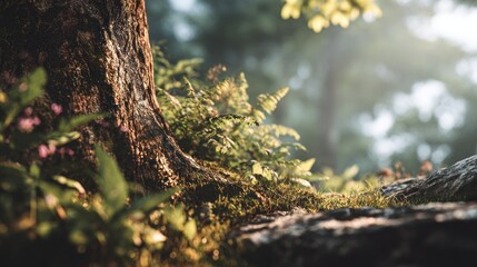 Tranquil Forest Scene with Lush Greenery and Gentle Sunlight Glimmering