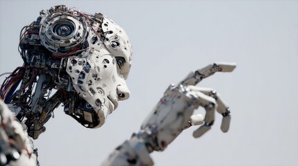Humanoid robot head with complex wiring and articulation gesturing forward