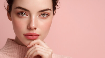 A young woman with her hand on her chin posing in front of a pink background