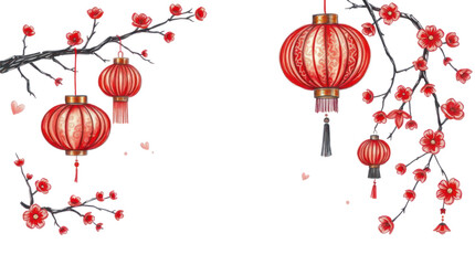 Obraz premium Festive Chinese New Year Lanterns and Plum Blossom Branches Illustration on Transparent