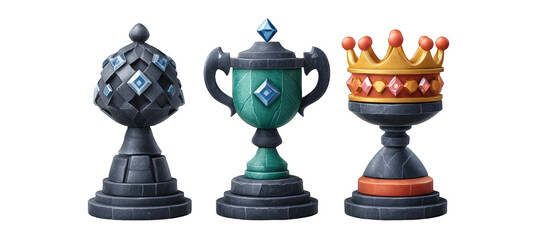 Three intricately designed chess pieces displayed prominently on a white background, showcasing their unique features