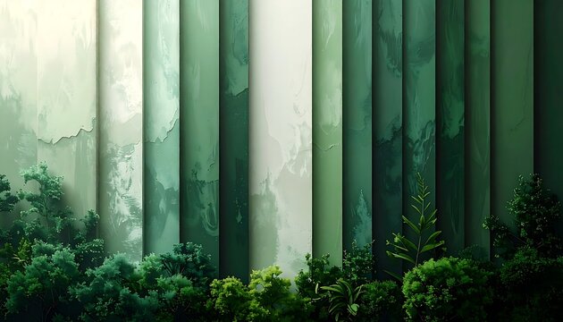 Abstract forest landscape with vertical textured panels in varying shades of green, creating a serene and natural ambiance for creative projects