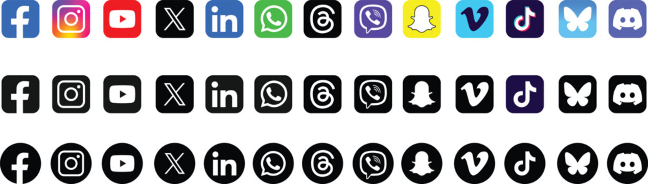 Social Media Icons Mega Bundle with Color and Monochrome Styles. Vector Logos for Facebook, Instagram, YouTube, X, TikTok, Threads, Discord, and Bluesky, Professional UI UX 