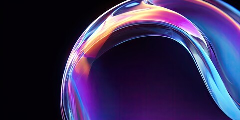 A vibrant, curved glass-like structure swirls with iridescent colors against a black backdrop