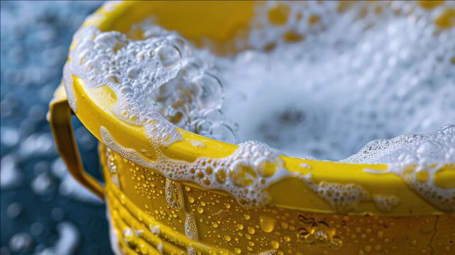 The yellow bucket is full of dirty sudsy water and ready for washing tasks.