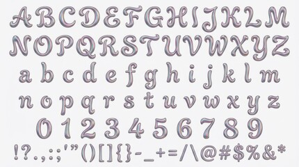 Fototapeta premium font alphabet in iridescent shimmer style from a to z numbers punctuation isolated on white background