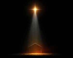 A bright star shines above a humble manger, emanating light in a dark surrounding
