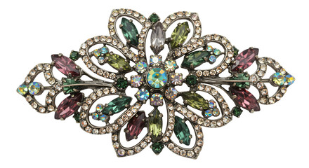 Shiny floral jewel with pink, green gems on black. Embellished surface sparkles for product photography, jewelry ads, branding.