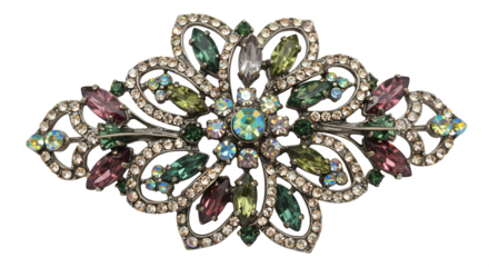 Shiny floral jewel with pink, green gems on black. Embellished surface sparkles for product photography, jewelry ads, branding.