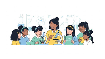 Diverse group of schoolgirls and teacher in science lab with equipment and formulas on white background