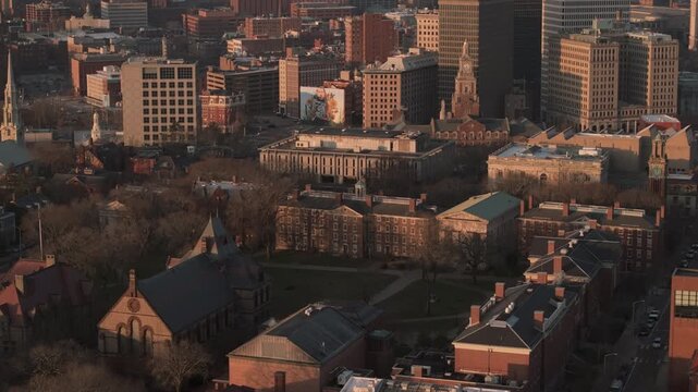 Aerial view of Brown University at sunrise. Shot during autumn in Providence, Rhode Island.