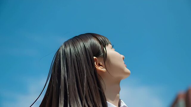 校舎を背に青空の下で一歩を踏み出す日本人女子学生