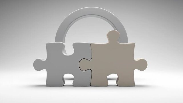 Two puzzle pieces one grey one beige interlocked below a semicircular arch on a white surface