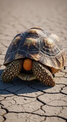 Obraz premium Surreal tortoise flower blooming slowly on cracked ground, showing ancient segmented petals and rugged, textured appearance, strange, macro, bloom