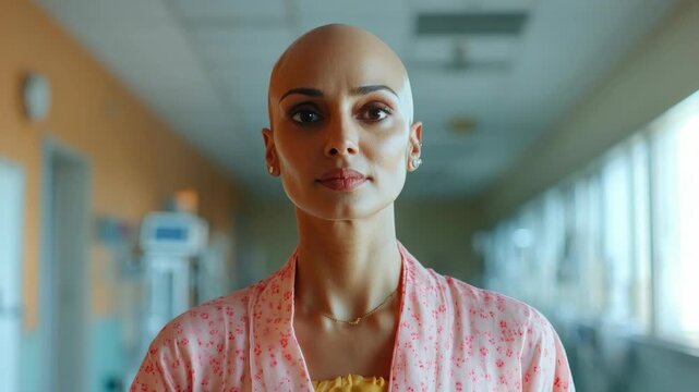 A woman in a hospital gown with a bald head looking ahead.