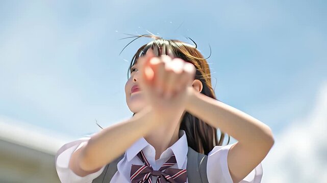 両手を広げて青空と風を全身で受ける日本人女子学生